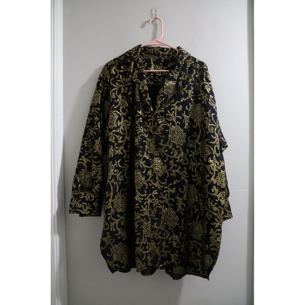 Vintage Anne Klein Swimwear Gold Metallic Damask Sheer Cover Up Shirt Medium